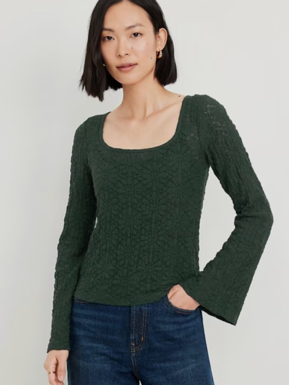 Old Navy Textured Lace Scoop-Neck Flared Long Sleeves Top Dark Green Size XL NWT